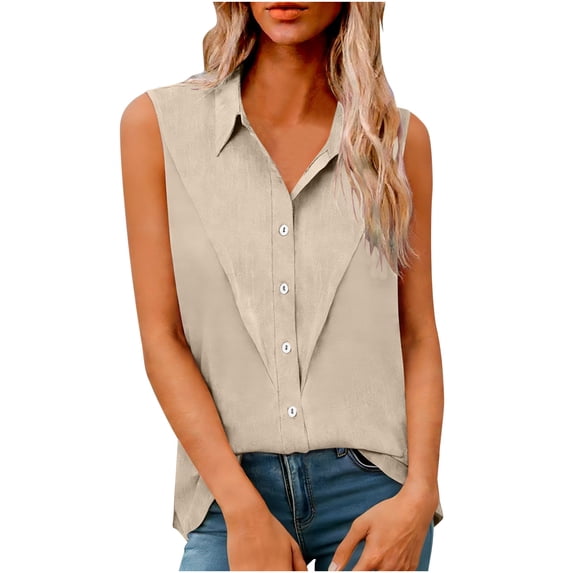 Miluxas Womens Sleeveless Button Down Shirts Cotton Linen Blouses Solid Color V Neck Casual Work Tank Tops Beige L(L)