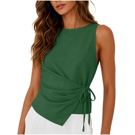 Miluxas Womens Sleeveless Tank Tops Crewneck Tie Waist Ruched Y2K Style Shirts Casual Fitted Blouse for Daily Summer Beach Vacaction Outfits Green