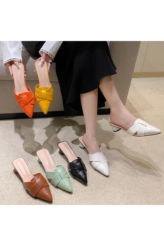 Womens Slide Sandals Chunky Block Low Heel Solid Color Pointed Toe Slip on Sandals Spring and Summer Dressy Shoes Yellow 9.5(43)