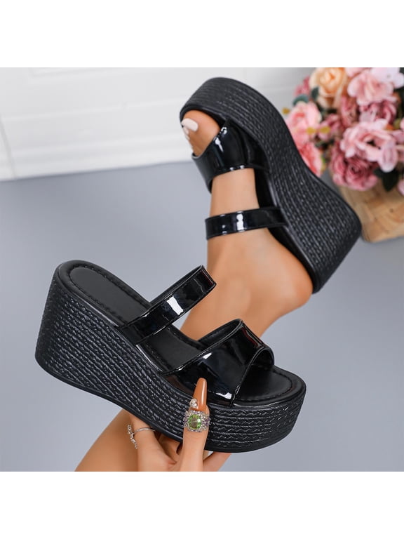 Womens Slip-on Platform Wedge Sandals Open Toe High Heel Two Strap Wedge Mules Slides Prom Summer Dress Shoes Heels Black 6.5(38)