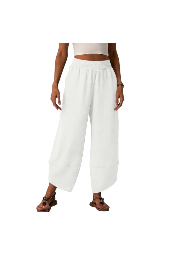 Womens Smoked Waist Wide Leg Trousers Side Split Boho Beach Pants with Pockets Summer Solid Flowy Swing Slacks White
