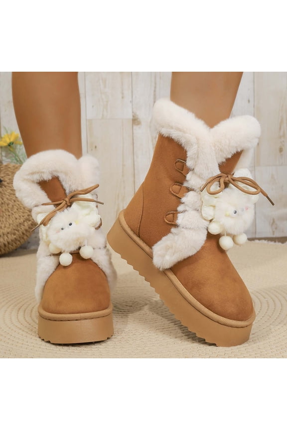 Womens Snow Boots Platform Boot Short Ankle Boots Thickened Flat Boot Fleece Slide Sandals Warm Durable Anti-Slip House Shoes for Outdoor Orange 7(39)