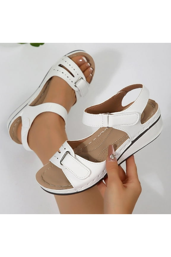 Womens Soft Sole Wedge Orthotic Sandals Massage Heel & Foot Pain Relief Adjustable Buckle Platform Slippers White 9(42)