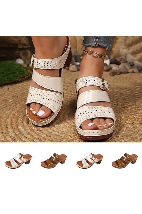 Womens Solid Color Open Toe High Heel Thick Heel Shoes Comfortable Summer Casual Sandals Brown 9.5(43)