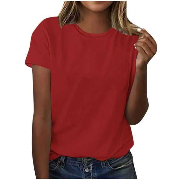 Miluxas Womens Solid T-Shirt Casual Basic Short Sleeve Crew Neck Tops Red S(S)