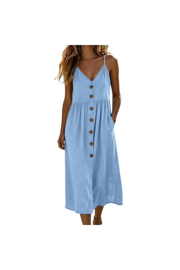 Womens Spaghetti Strap V Neck Sleeveless Midi Dress Button Down Low Back Casual Loose A Line Cami Dress with Pockets Summer Sundress Blue