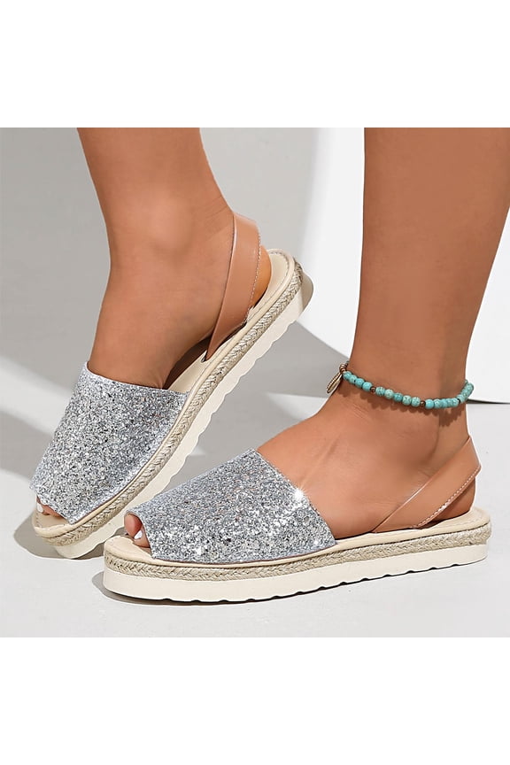 Womens Sparkly Glitter Two Band Espadrille Wedge Sandals, Open Toe Slingback Platform Flats, Lightweight Comfort Shoes Silver 5.5(36)