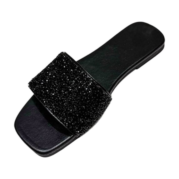 Miluxas Womens Sparkly Rhinestone Sandals Square Open Toe Sandal Slip on Summer Flat Sandals for Beach Wedding Holiday Shopping Black 6(37)