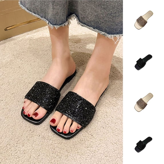 Miluxas Womens Sparkly Rhinestone Sandals Square Open Toe Sandal Slip on Summer Flat Sandals for Beach Wedding Holiday Shopping Gold 9.5(43)