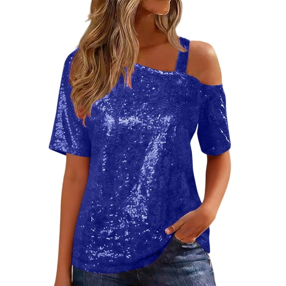 Miluxas Womens Sparkly Sequin Tops Short Sleeve Glitter Party Dressy Blouse Cold Shoulder Shirt Evening Club Outfit Blue XXL(XXL)
