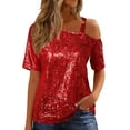 thumbnail image 1 of Miluxas Womens Sparkly Sequin Tops Short Sleeve Glitter Party Dressy Blouse Cold Shoulder Shirt Evening Club Outfit Red S(S), 1 of 9