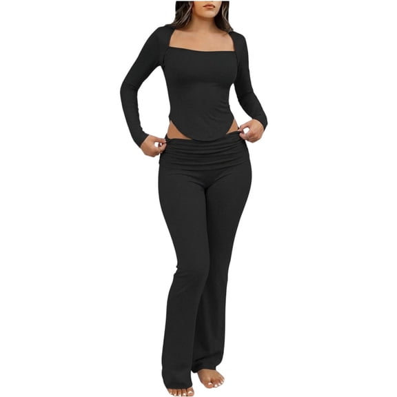 Miluxas Womens Spring Fall Lounge Sets Pajama Two Piece Cropped Pullover Jammies Outfits Casual Loungewear Black M(M)