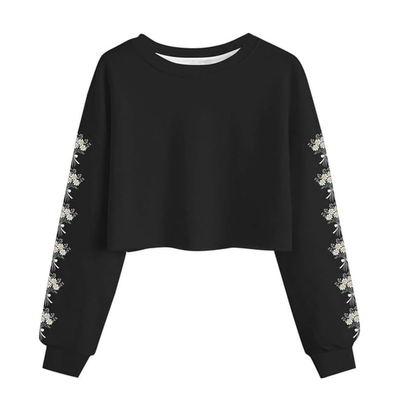 Miluxas Womens Spring Printed Crop Sweatshirt Floral Graphic Crewneck Long Sleeve Pullover Top Casual Going Out Streetwear Black