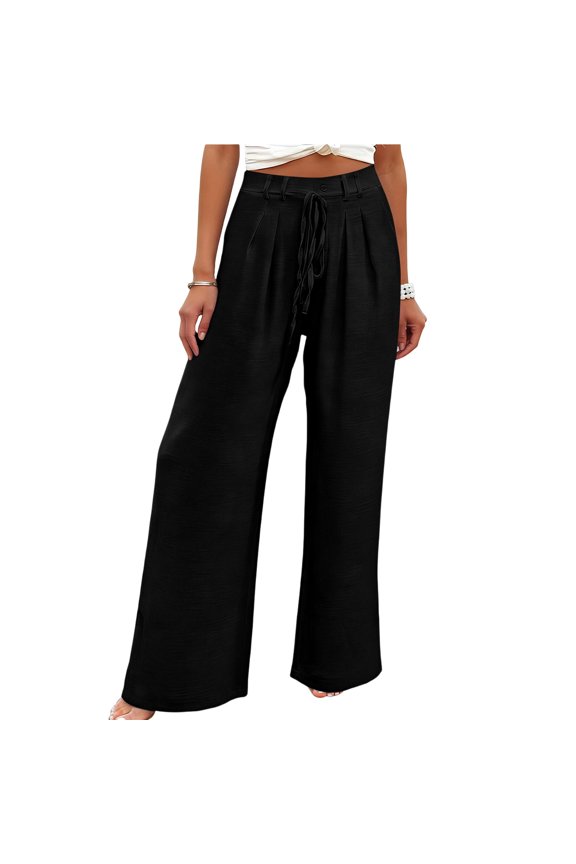 Womens Spring Summer Solid Wide Leg Pants Pull on Stretchy Work Dress Pants High Waist Pleated Business Casual Trousers with Pockets Black