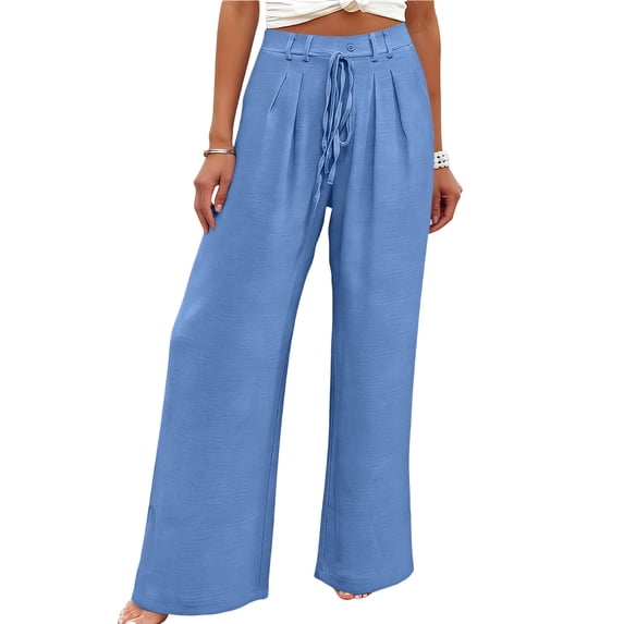 Miluxas Womens Spring Summer Solid Wide Leg Pants Pull on Stretchy Work Dress Pants High Waist Pleated Business Casual Trousers with Pockets Blue