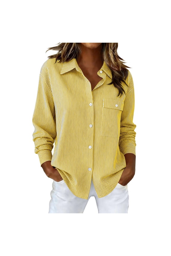 Womens Striped Button Down Shirt Classic Casual Long Sleeve Loose office Work Blouses Tops with Pocket Yellow