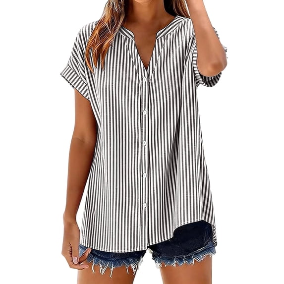 Miluxas Womens Striped Button Down Shirts Classic Short Sleeve Stylish Collared office Work Blouses Tops Gray S(S)