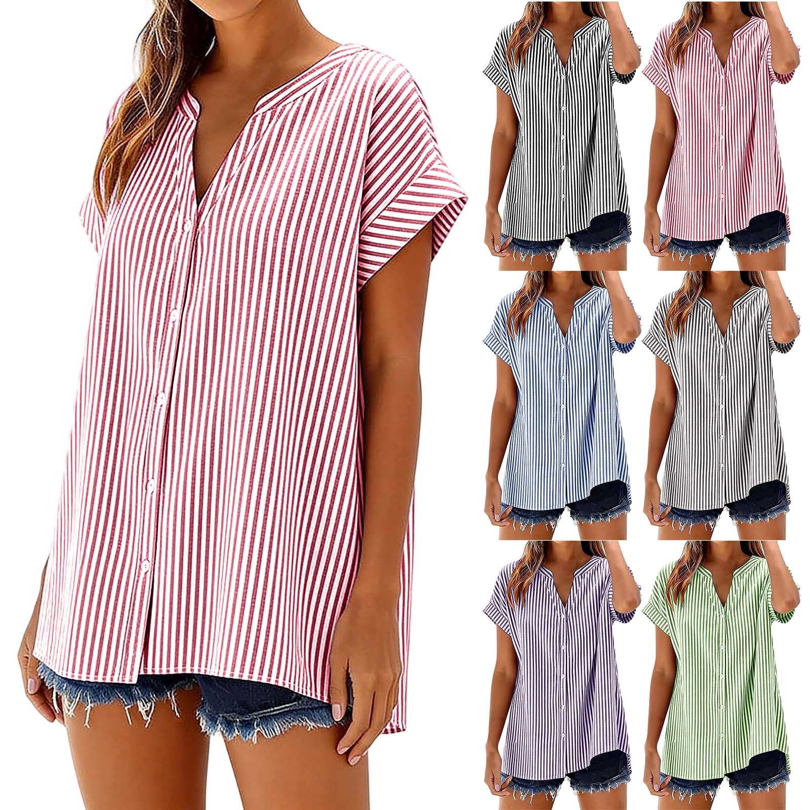 Miluxas Womens Striped Button Down Shirts Classic Short Sleeve Stylish ...