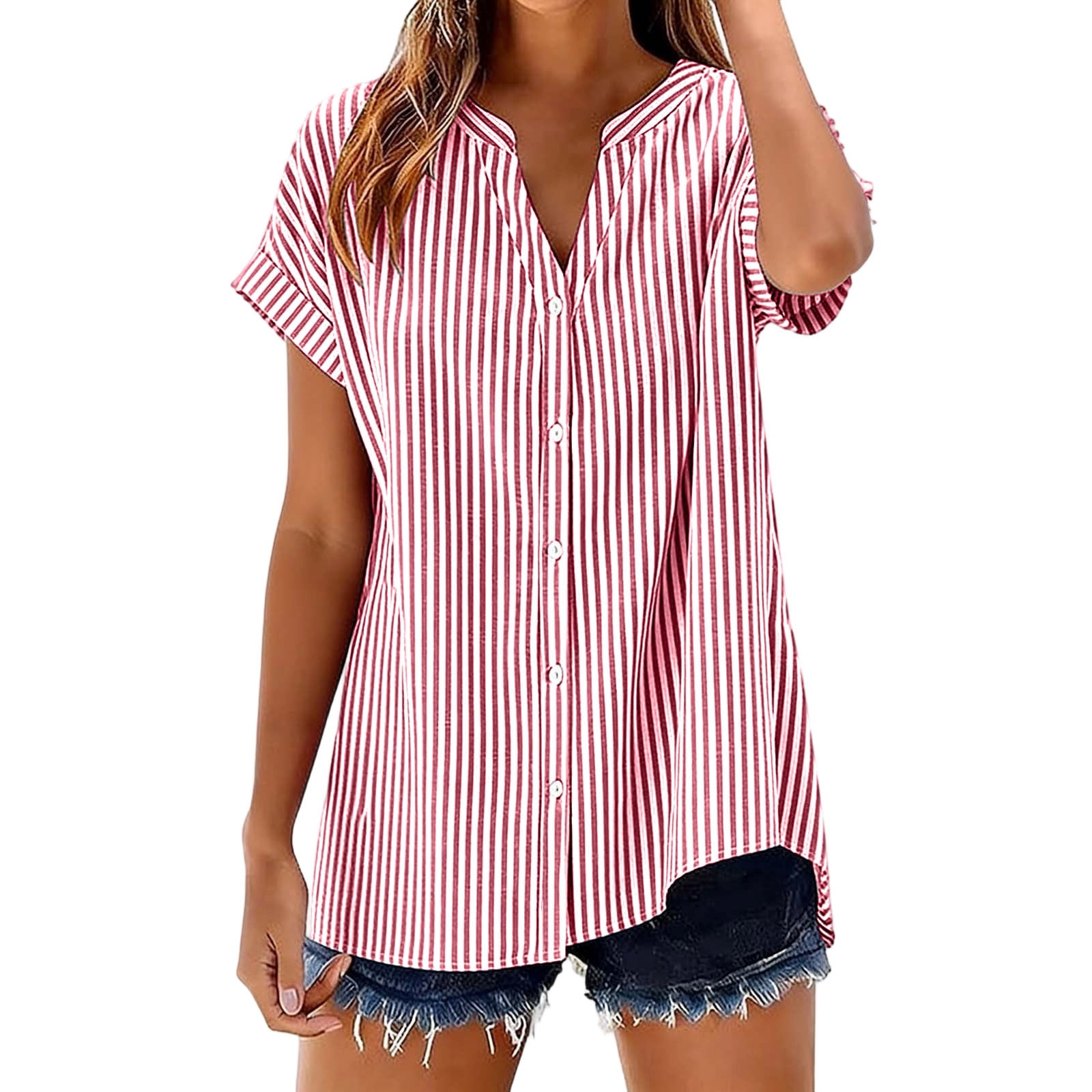 Miluxas Womens Striped Button Down Shirts Classic Short Sleeve Stylish ...