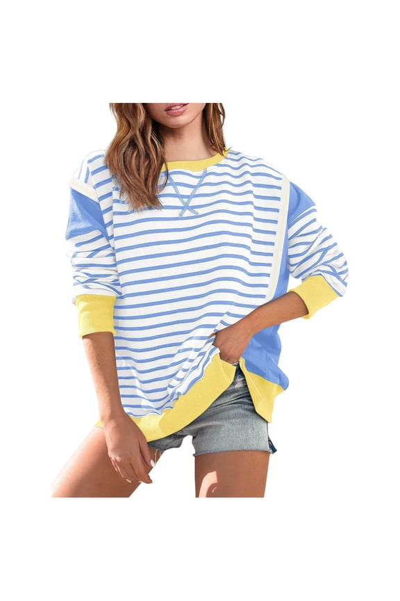 Womens Striped Oversized Sweatshirt Color Block Crew Neck Long Sleeve Casual Loose Pullover Top Clothes Sky Blue L(L)