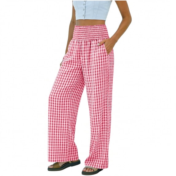 Miluxas Womens Striped Plaid Pants Wide Leg High Waisted Lounge Pajama Pants Cute Casual Trousers with Pockets Red S(S)