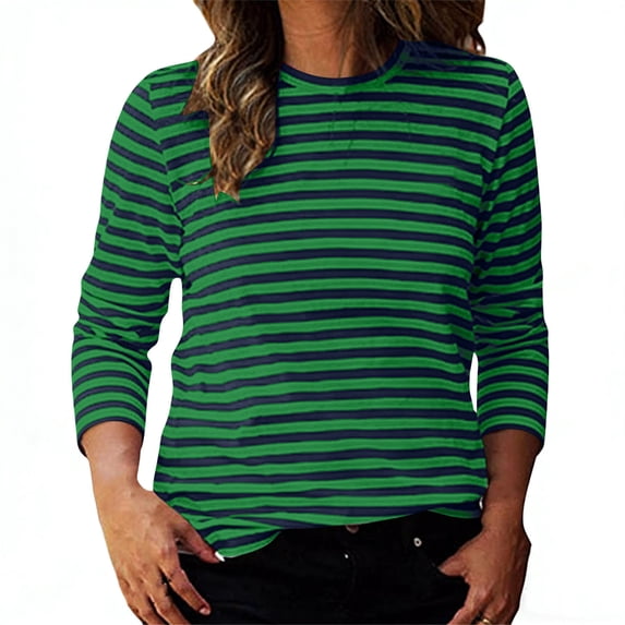 Miluxas Womens Striped Print Tops Spring &Summer Long Sleeve Ribbed Trim Crewneck T Shirts Fashion Basic Tee Green