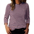thumbnail image 1 of Miluxas Womens Striped Print Tops Spring &Summer Long Sleeve Ribbed Trim Crewneck T Shirts Fashion Basic Tee Purple, 1 of 5