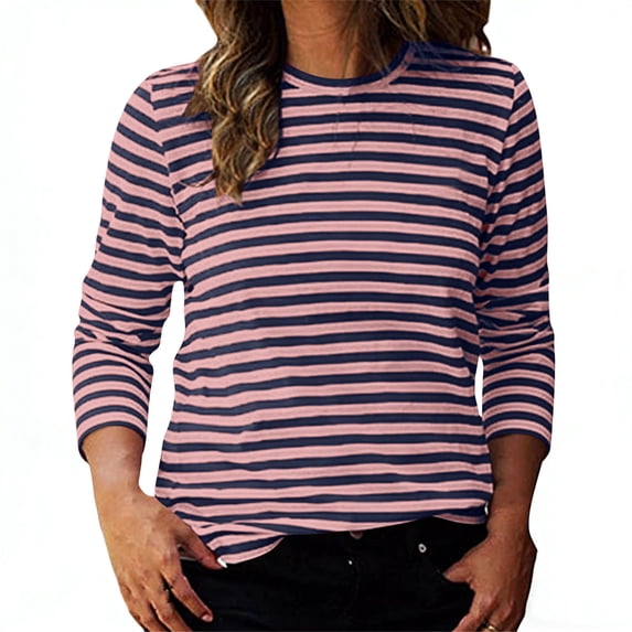 Miluxas Womens Striped Print Tops Spring &Summer Long Sleeve Ribbed Trim Crewneck T Shirts Fashion Basic Tee Purple