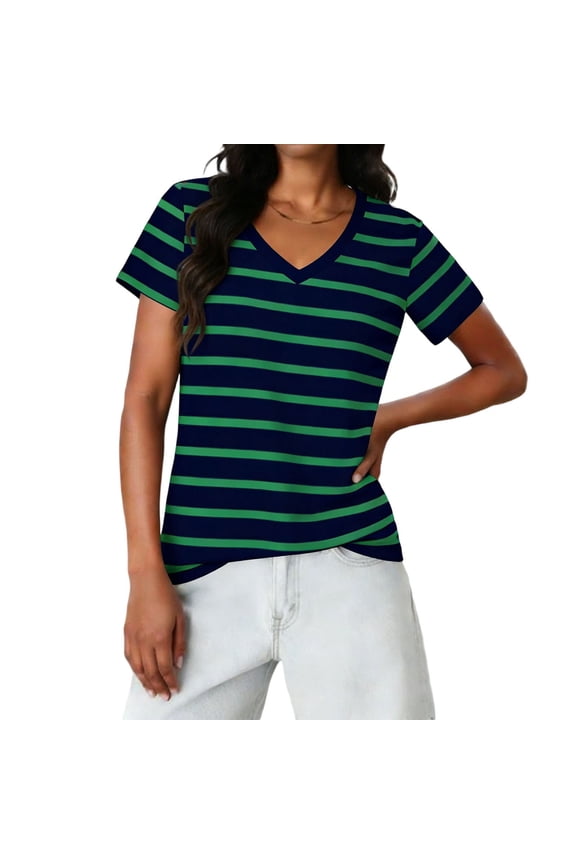 Womens Striped Shirt Fitted Collared Neck Short Sleeve T Shirt Green M(M)