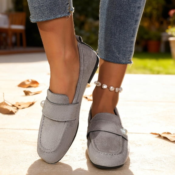 Miluxas Womens Suede Loafers Slip On Ballet Flats Pearl Decor Comfortable Lightweight Walking Shoes Low Top Square Toe Shoes Gray 7.5(40)
