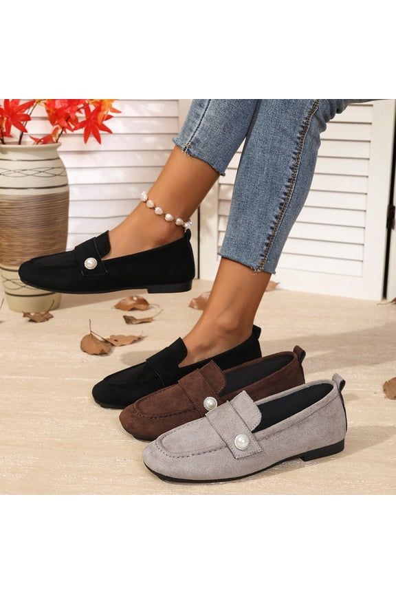 Womens Suede Loafers Slip On Ballet Flats Pearl Decor Comfortable Lightweight Walking Shoes Low Top Square Toe Shoes Gray 9(42)