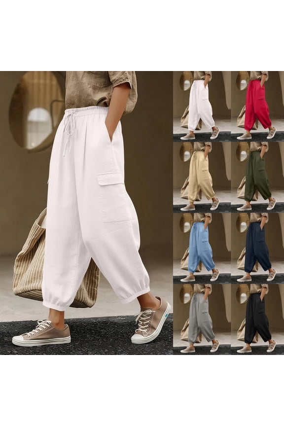 Womens Summer Cargo Pants Drawstring Elastic Waist Casual Pants Hiking Work Pants with Pockets White