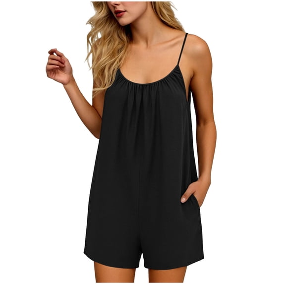 Miluxas Womens Summer Casual Loose Rompers Sleeveless Stretchy Short Jumpsuits Black L(L)