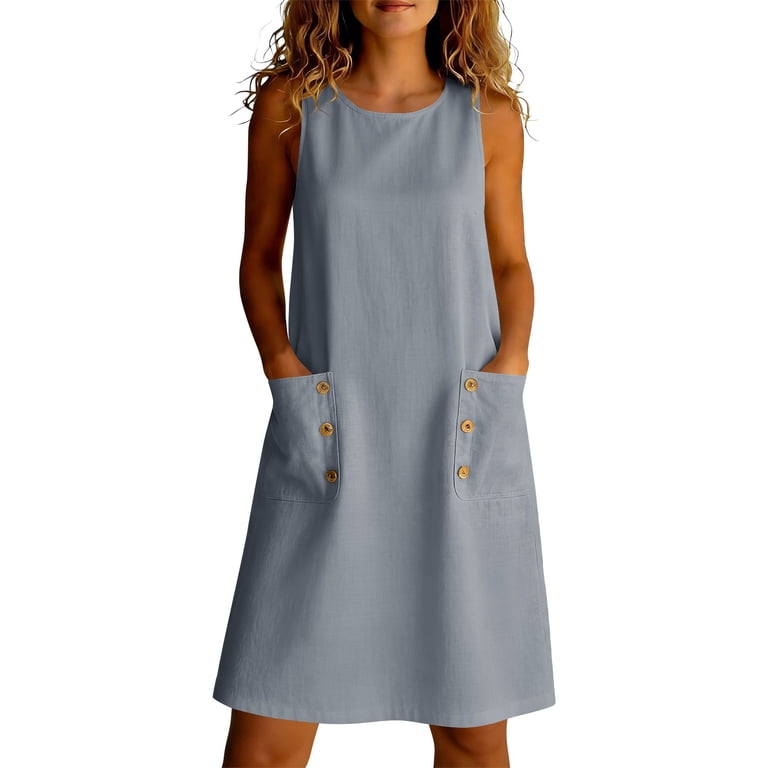 Miluxas Womens Summer Casual Solid Overalls Dress Round Neck Sleeveless Jumper Mini Dress Pinafore with Pockets Gray