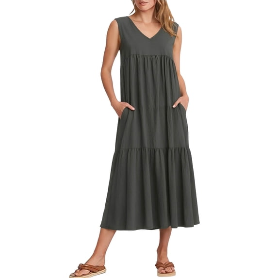 Miluxas Womens Summer Cotton Linen Maxi Dress Casual Sleeveless V Neck Tiered Flowy Swing Dress Solid Beach Vacation Dress Gray