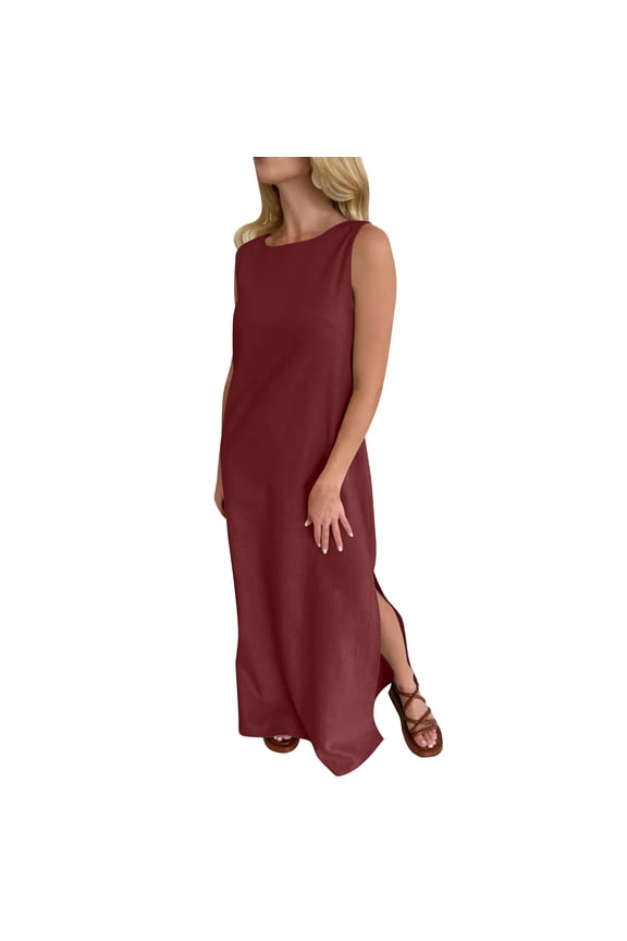 Womens Summer Flax Dress Casual Crewneck Sleeveless Maxi Sundress Solid Side Slit Beach Vacation Tank Dress Wine