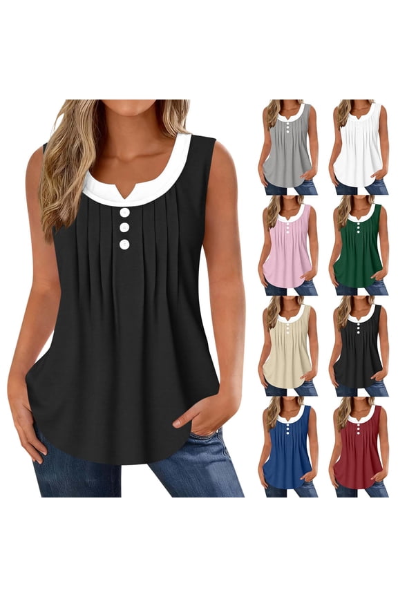 Womens Summer Flowy Tank Tops V Neck Sleeveless Buttons Pleated Casual Shirts Dressy Loose Fit Work Blouses White