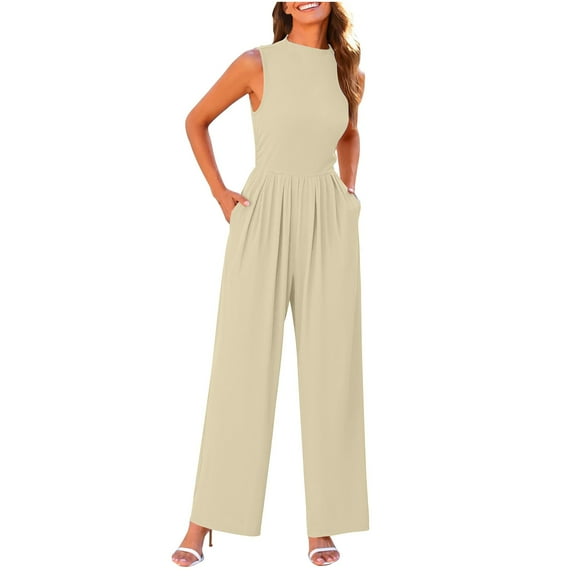 Miluxas Womens Summer Jumpsuits Dressy Casual One Piece Outfits Sleeveless Crew Neck Wide Leg Pants Rompers with Pockets Beige 4(S)