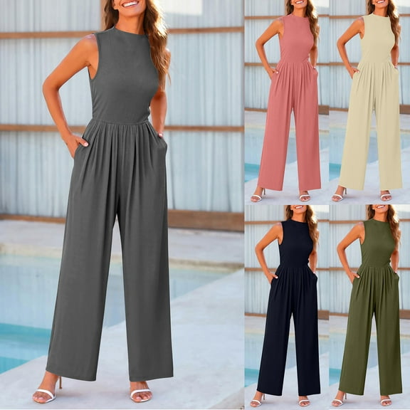 Miluxas Womens Summer Jumpsuits Dressy Casual One Piece Outfits Sleeveless Crew Neck Wide Leg Pants Rompers with Pockets Pink 10(XL)