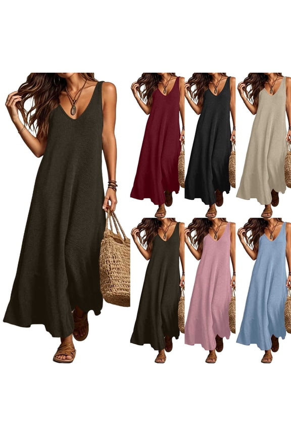 Womens Summer Maxi Dress Sleeveless V Neck A Line Casual Tank Dress Lightweight Textured Beach Vacation Long Dress Boho Sundress Red