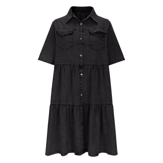 Miluxas Womens Summer Midi Denim Dress Short Sleeve Button Down Jean Shirt Dresses Casual Knee Length Tiered Cowboy Sundress Black M(M)
