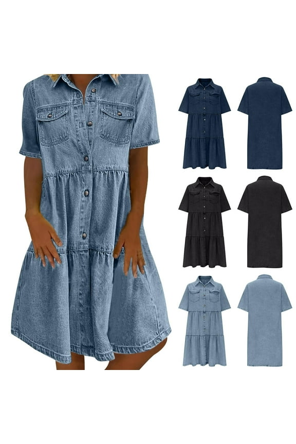 Womens Summer Midi Denim Dress Short Sleeve Button Down Jean Shirt Dresses Casual Knee Length Tiered Cowboy Sundress Light Blue XL(XL)