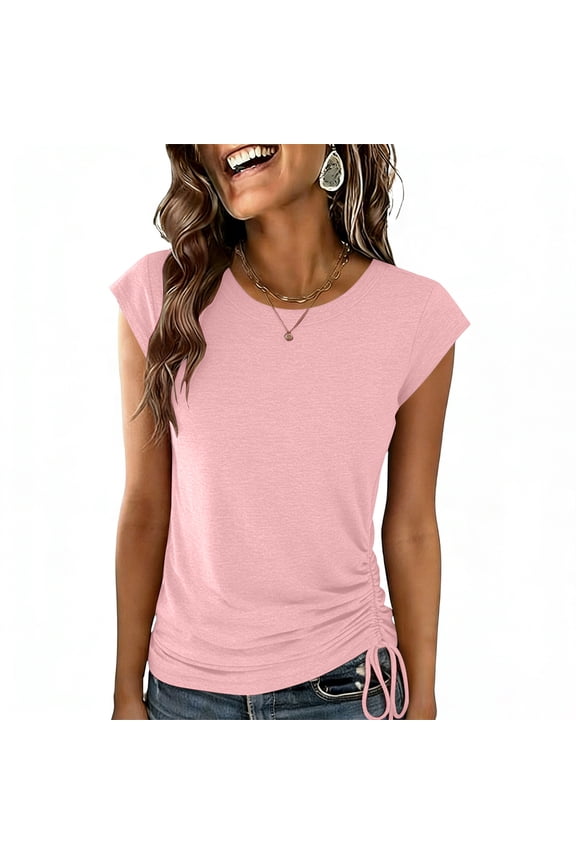 Womens Summer Round Neck Cap Sleeve T Shirt Solid Side Drawstring Ruched Casual Tops for Daily Wear Pink