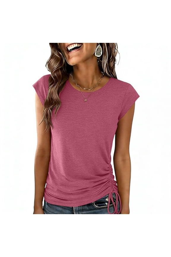 Womens Summer Round Neck Cap Sleeve T Shirt Solid Side Drawstring Ruched Casual Tops for Daily Wear Watermelon Red
