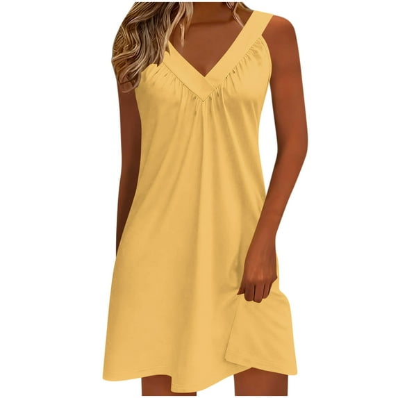 Miluxas Womens Summer Short Dresses V Neck Casual Sleeveless Sundress Beach Dress Solid Color Sleeveless Elasticity Mini Dress Yellow