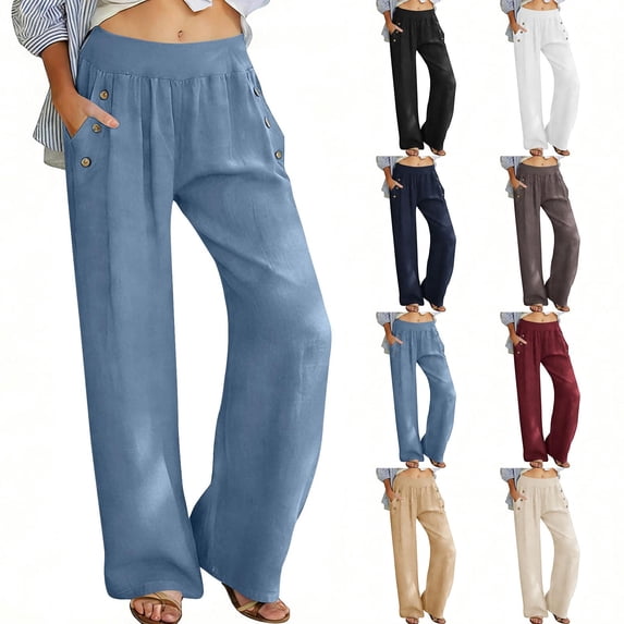 Miluxas Womens Summer Solid Straight Leg Slacks Comfy Elastic Waistband Pocket Pants Lightweight Soft Beach Vacation Pants White
