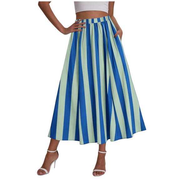 Miluxas Womens Summer Striped Maxi Skirts A-Line Elastic Waist Flowy Skirt Beach Vacation Outfits Navy XXL(XXL)