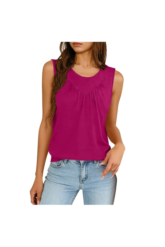 Womens Summer Tank Tops Pleated Crewneck Casual Loose Blouses Sleeveless Tops Business Work Shirts Hot Pink S(S)