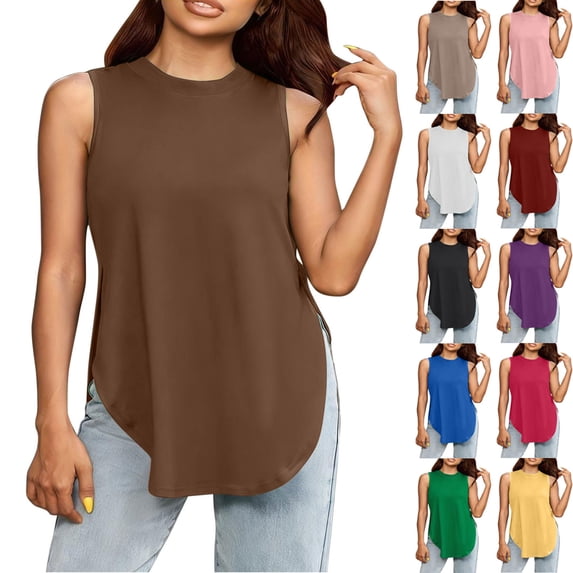 Miluxas Womens Summer Tank Tops Sleeveless Round Neck Casual Tops Loose Fit Basic Side Slit Tank Tops Yellow