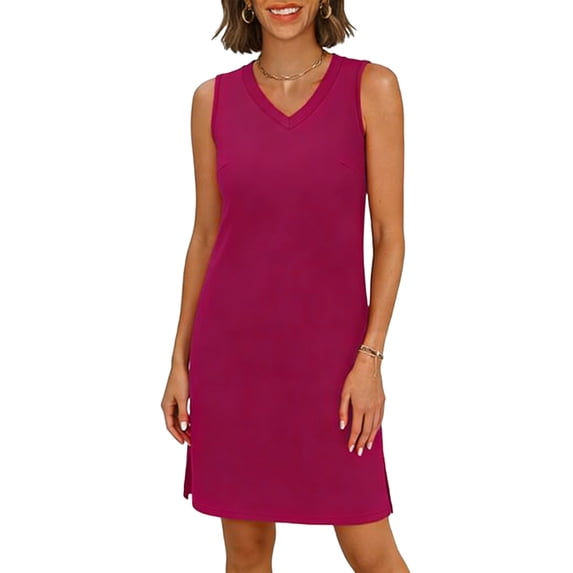 Miluxas Womens Summer V Neck Sleeveless T-Shirt Mini Dress Casual Solid Color Side Slit Loose Fit Tank Dress Hot Pink